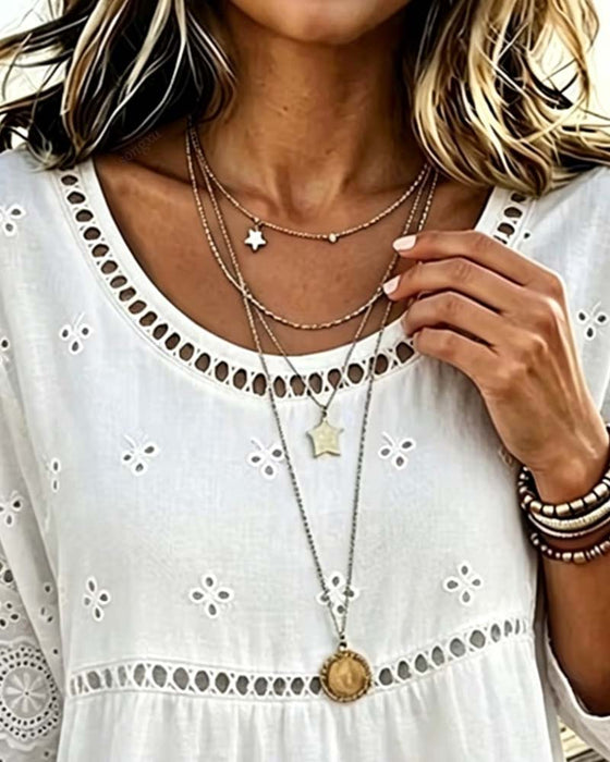 Blouse Col Rond Évidé Unie