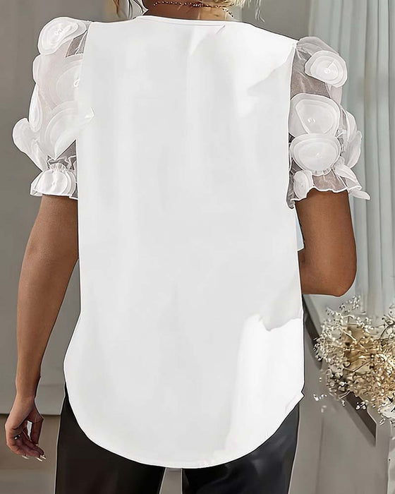 Blouse Manche Bouffante Mesh Col En V