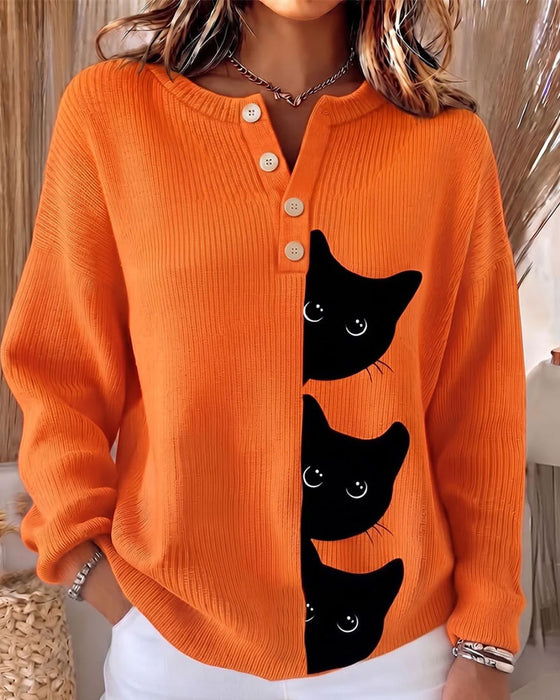 Pullover Bouton Devant Rayure Chat Contraste Tricoté