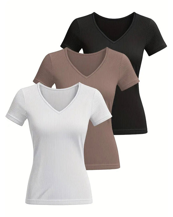 T-Shirt Unie Col En V Décontracté Manches Courtes