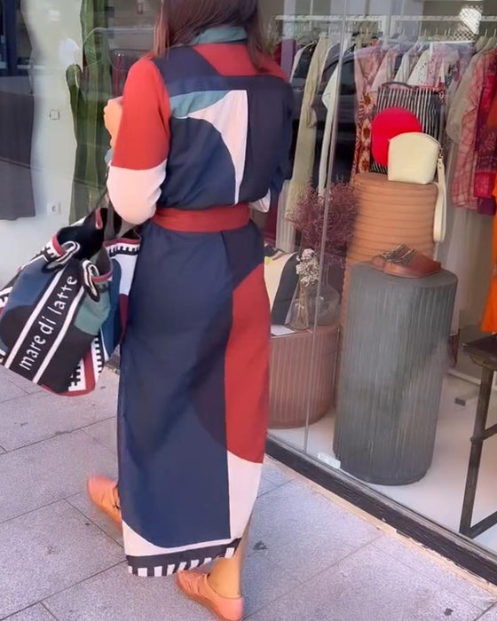 Robe décontractée à imprimé blocs de couleurs avec revers et lacets