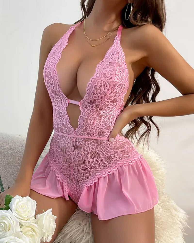 UN107861Bodysuit Dentelle Fleuri Teddy Shapewear Col V