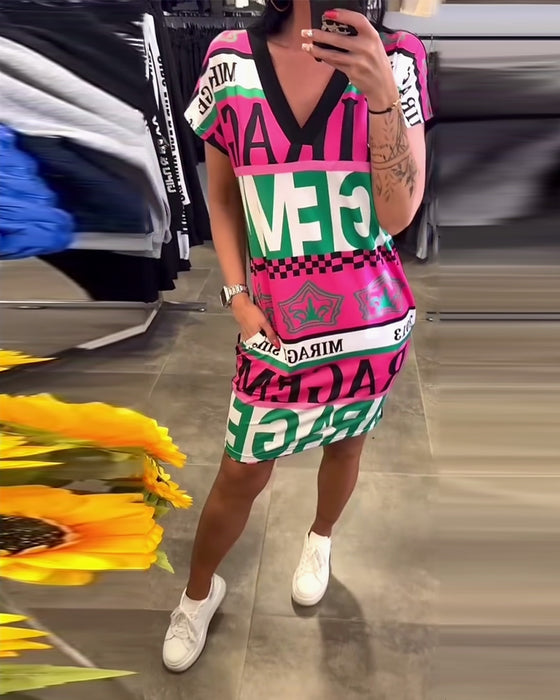 Robe Imprimée Col En V Manches Courtes