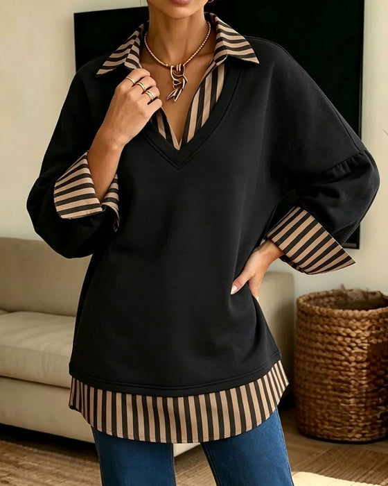 Sweatshirt Revers Rayé Patchwork Lâche