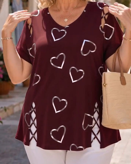 T-Shirt Motif Cœur Ajouré Manches Courtes