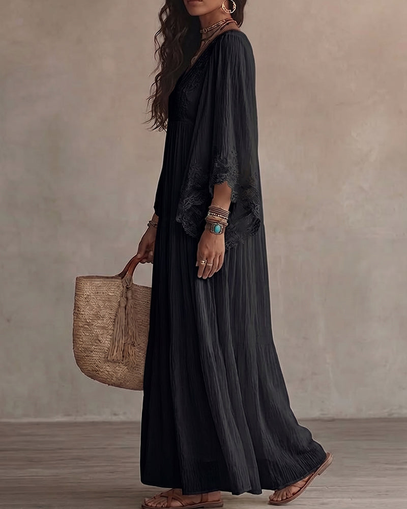 Robe Col V Dentelle Patchwork Unie