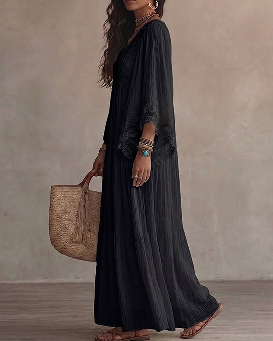 Robe Col V Dentelle Patchwork Unie
