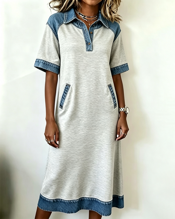 Robe Col Chemise Denim Patchwork Poche