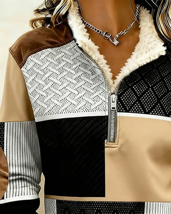 Sweat-Shirt Demi-Fermeture Éclair Doublé Polaire À Blocs De Couleur