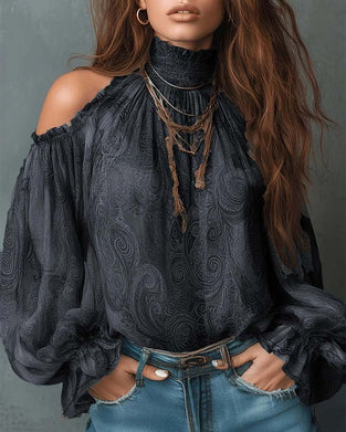 Blouse Imprimée Off-Épaule Col Mandarine