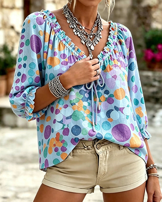 Blouse Col V À Pois À Lacets