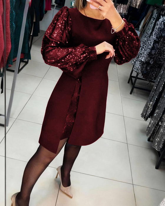 Robe Élégante À Manches Ballon Et Détails Patchwork