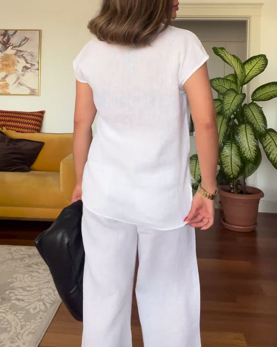 Costume Coton Et Lin Couleur Unie Pantalon Décontracté