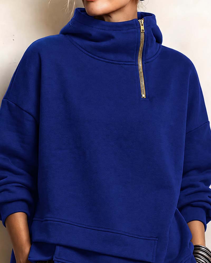 Sweatshirt Col Roulé Fermeture Éclair Irrégulière