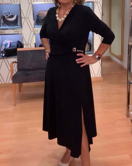 Col V Cintré Fente à la Taille Robe