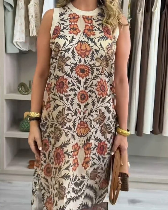 Robe Rond Col Sans Manches Florale Fente
