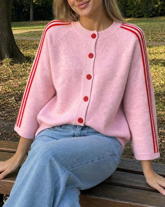 Cardigan Rayé 3/4 Manche Bouton
