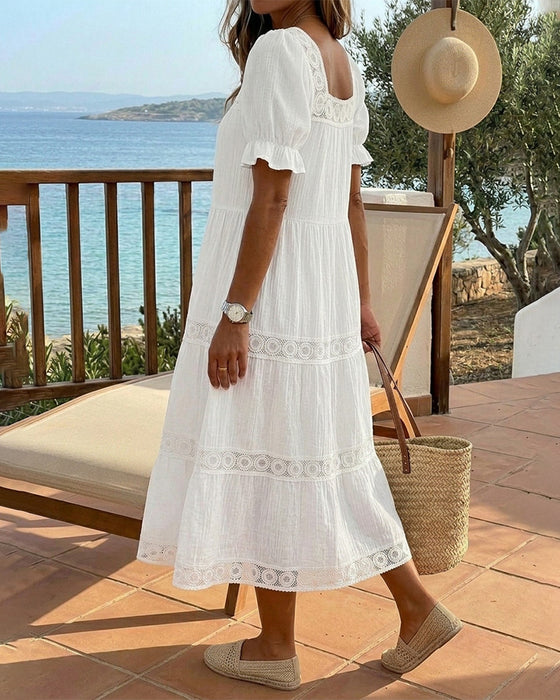 Robe Col Carré Dentelle Patchwork