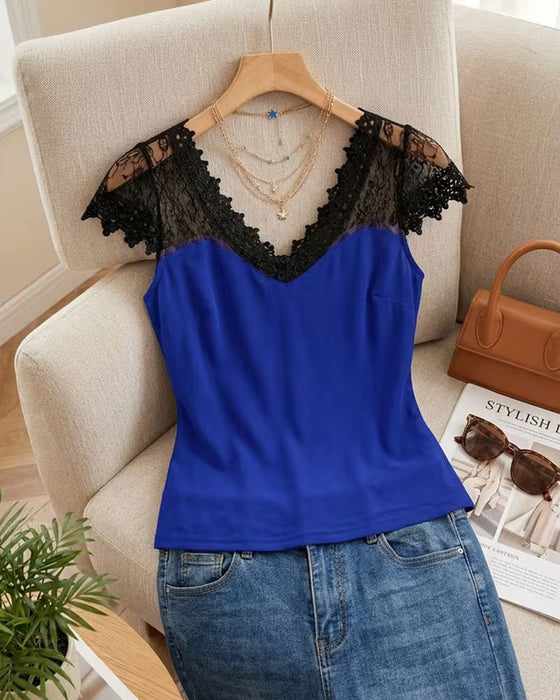 T-Shirt Col En V Dentelle Patchwork Slim Fit