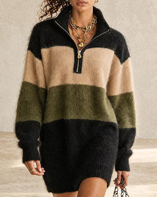 Robe Bloc De Couleur Demi Zip Col Roulé Long Pull