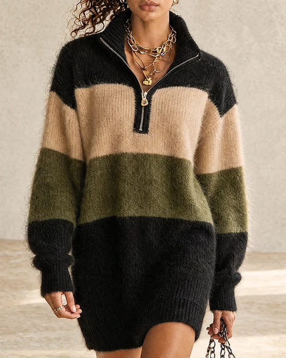 Robe Bloc De Couleur Demi Zip Col Roulé Long Pull