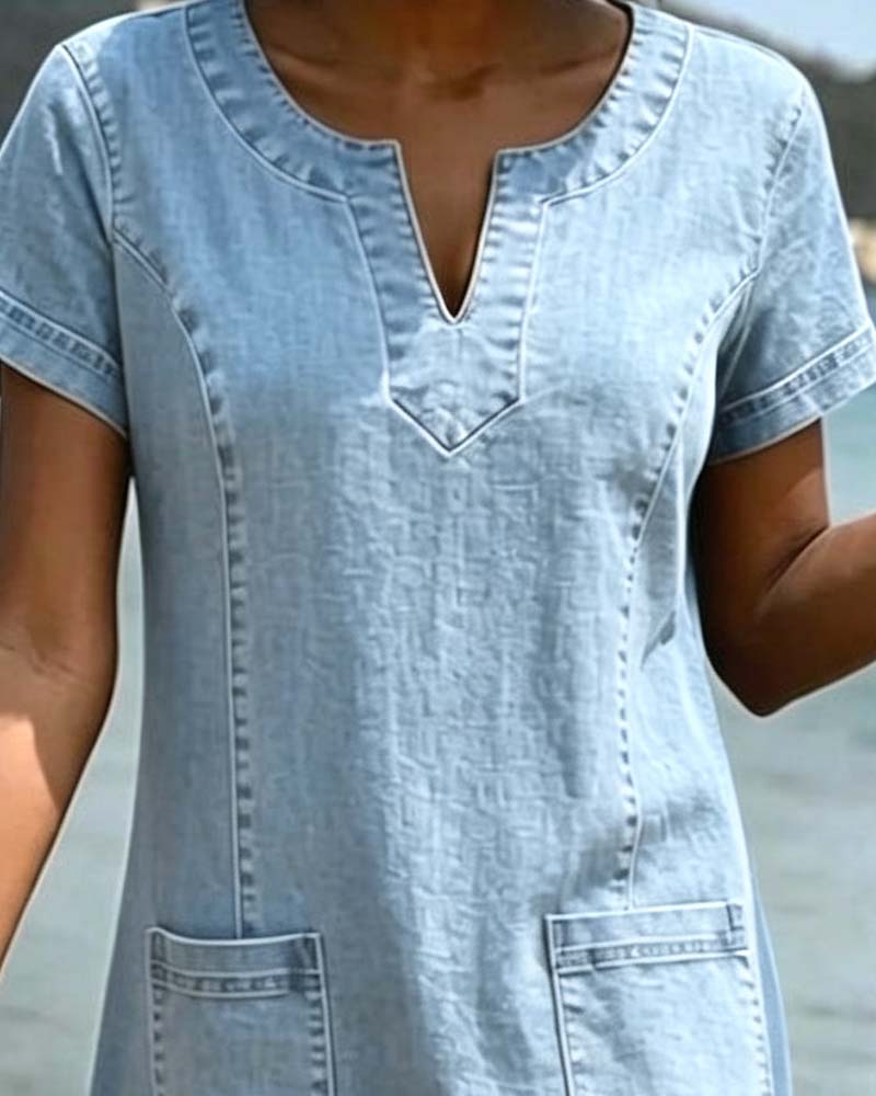 Robe Décontractée Fourreau Poche Petit Col En V
