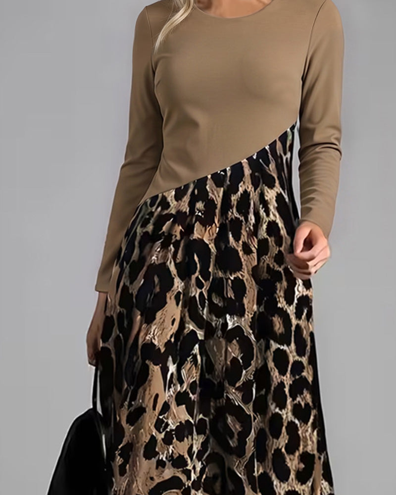 Robe Col Rond Léopard Jupe Ample
