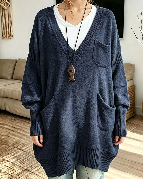 Pull Col V Poche Long