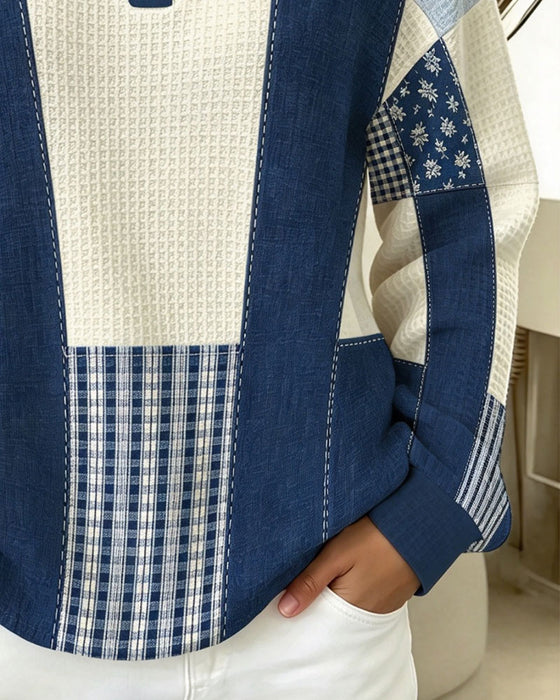 Sweatshirt Col Rond Bouton Floral Plaid
