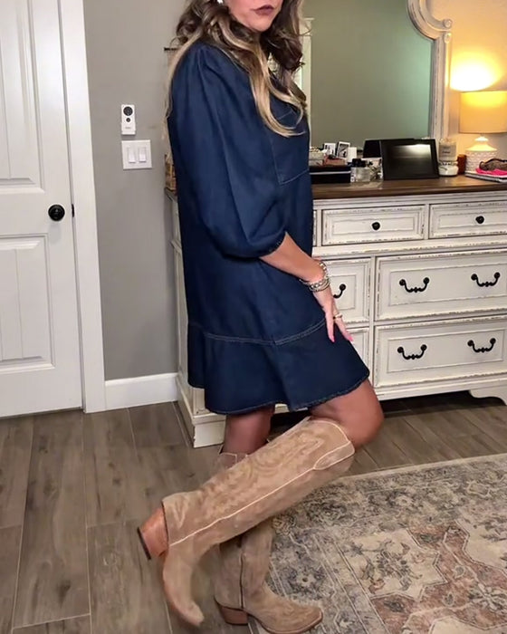 Robe décontractée à col en V et longueur genou