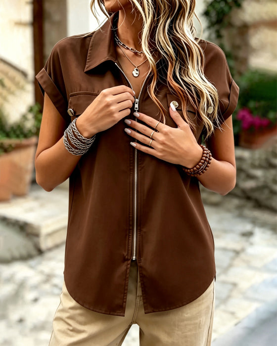 Blouse Fermeture Éclair Revers Manches Courtes
