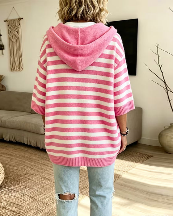 Pullover Rayure Capuche Lâche Manche Trois Quarts