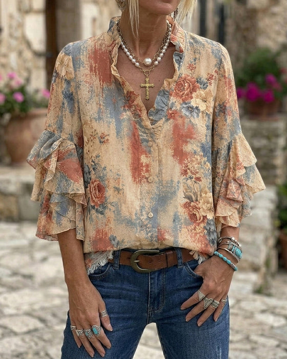 Blouse Col En V Contraste Deux Niveaux Volant