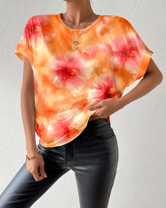 T-shirt Col Rond Tie-Dye Grande Fleur