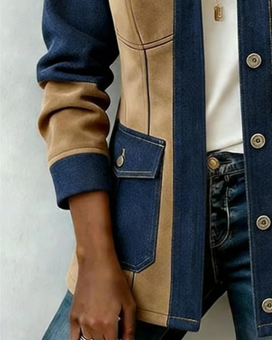 Manteau Capuche Fermeture Éclair Poche Denim Panneau