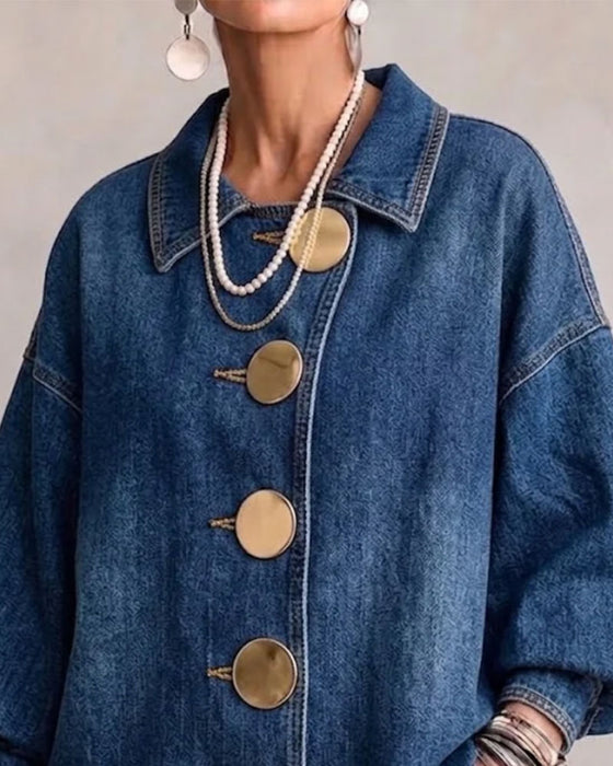 Manteau Revers Boutonné Manche Bouffante Denim