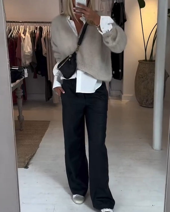 Pantalon Drapé Jambe Large Décontracté Cuir