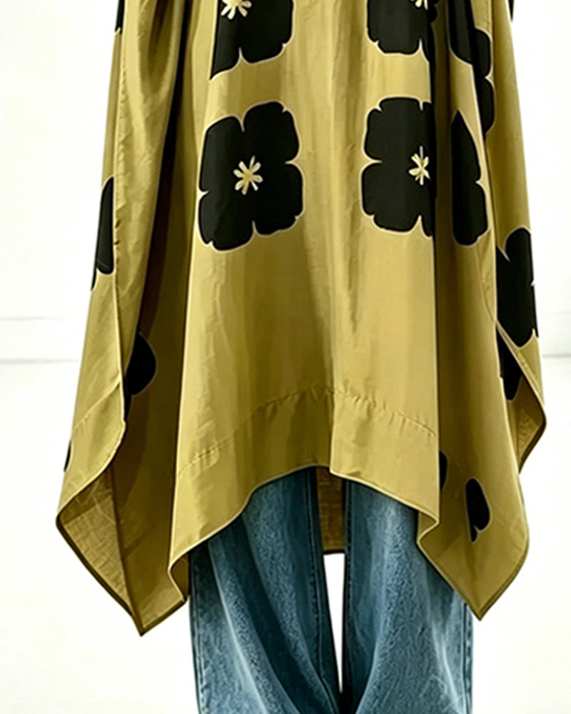 Robe Imprimé Col En V Manche Chauve-Souris Coupe Loose