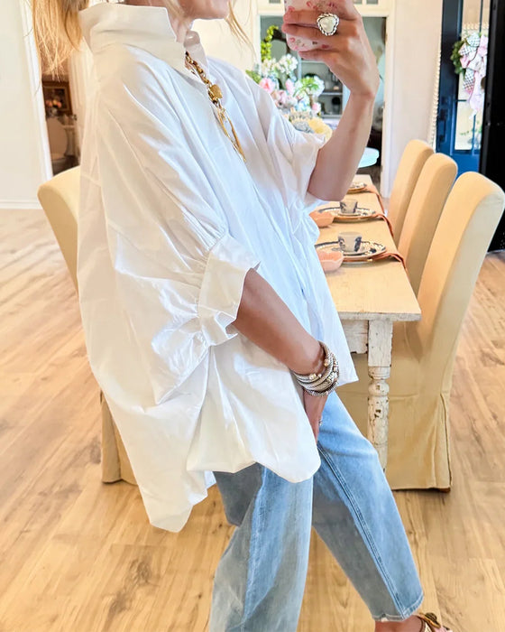 Blouse Coupe Lâche Épaule Descendante Blanche Manche Longue