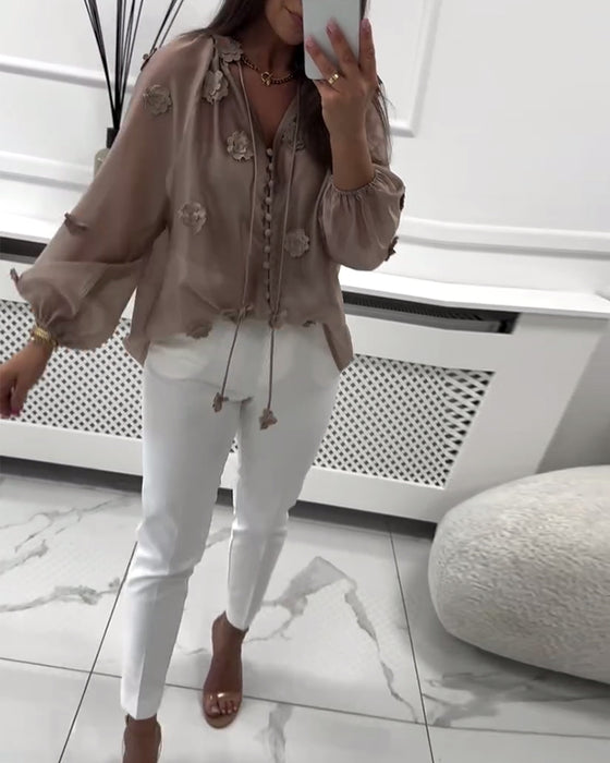 Blouse Unie Fleurs 3D À Lacets