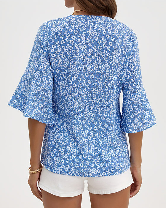 Chemisier Col V Floral Papillon Manche
