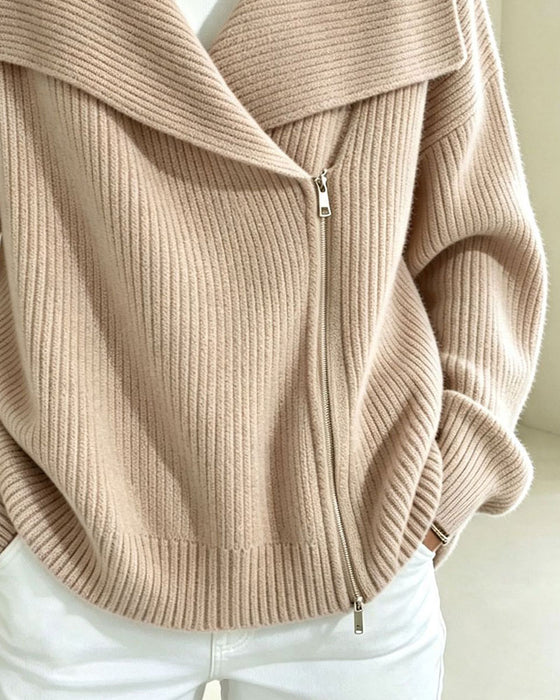 Cardigan Grand Revers Fermeture Éclair Diagonale