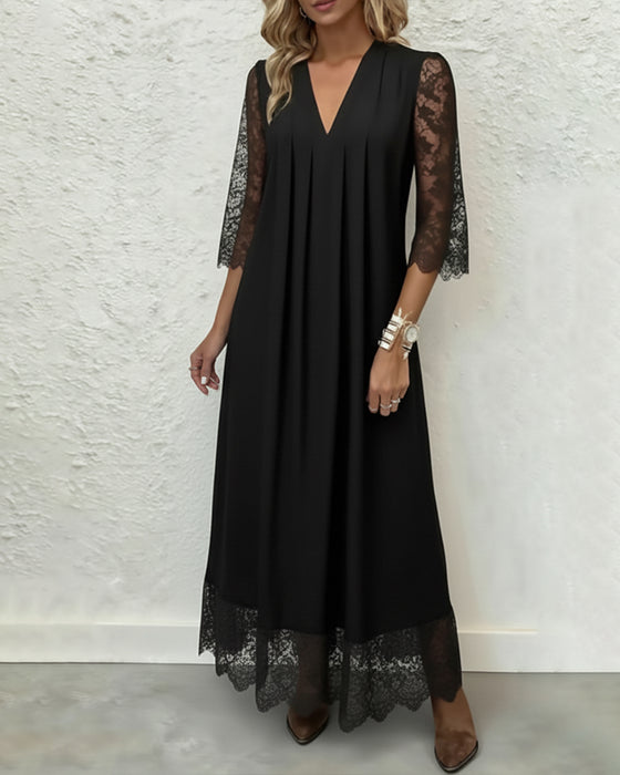 Robe Avec Détail en Dentelle, Décolleté en V Et Design Plissé, Ambiance Élégante