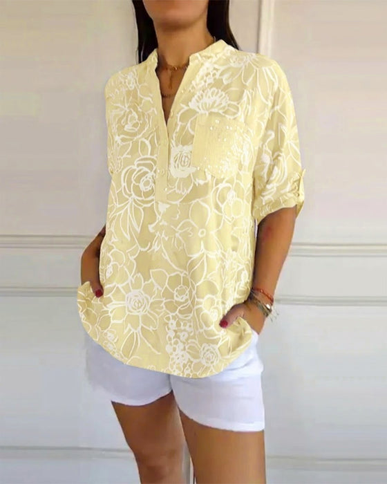 Blouse Col V Boutonnée Imprimée