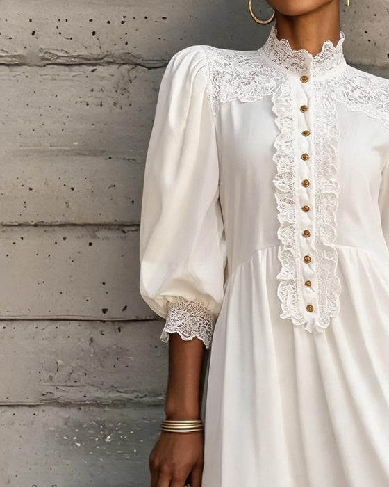 Robe Col Faux Dentelle Bouton Volant