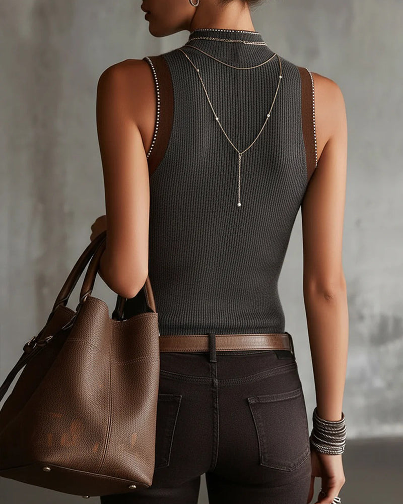 Débardeur Demi-Col Roulé Sans Manches Tricoté