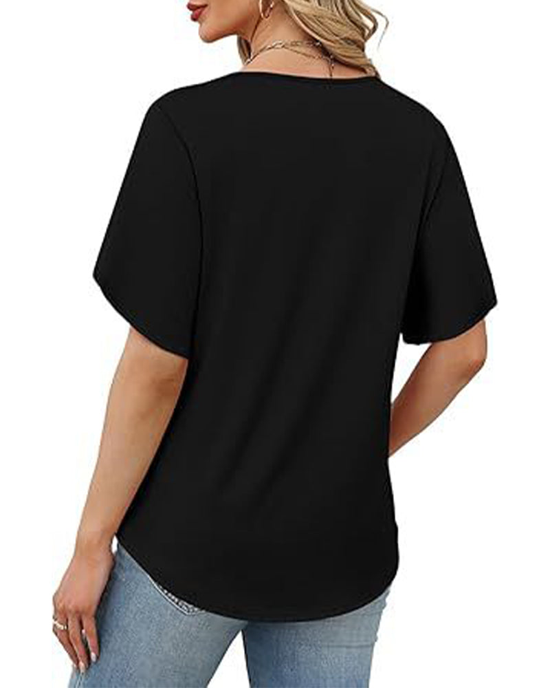 T-Shirt Col En V Petite Fente Manches Courtes Unie