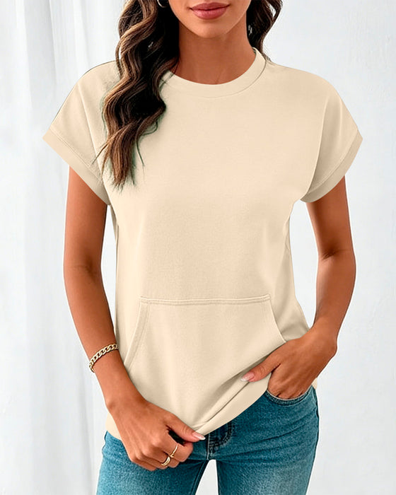 Blouse Poche Devant Unie Col Rond