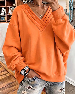 Sweatshirt Double Couche Col En V Épaule Tombante Lâche