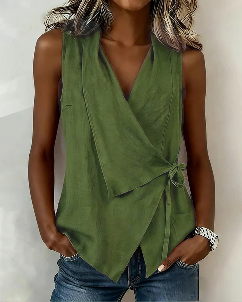 Débardeur Croisé Attache Coton-Lin Uni